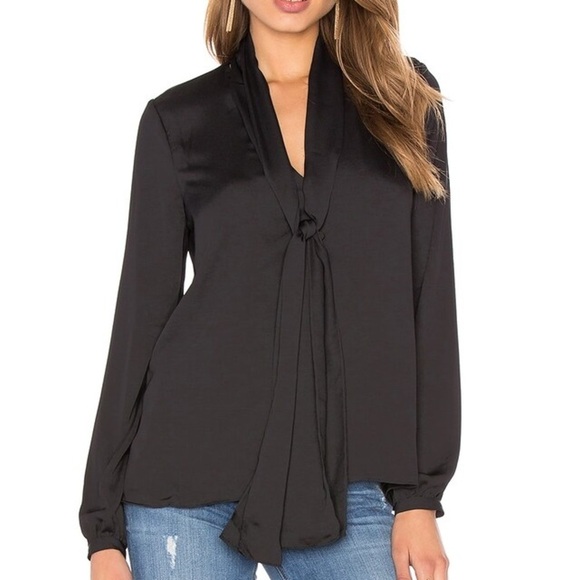 L'Academie Revolve 70's Blouse Neck Tie Black Long Sleeve Satin Size XS - Picture 2 of 14